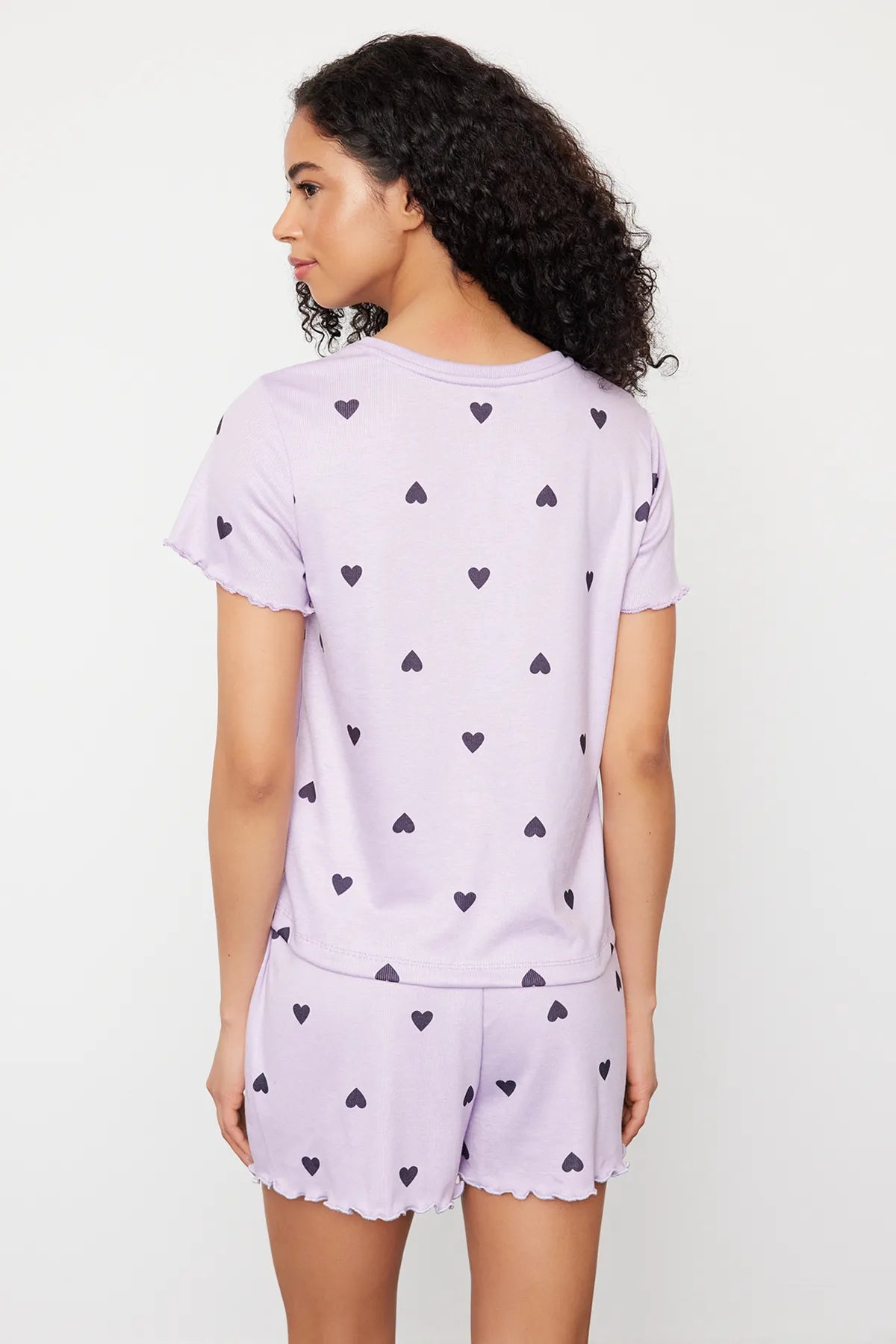 Lilac Heart Slogan Printed Elastic Detailed Ribbed Shorts Knitted Pajama Set