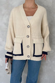 5- كارديجان شتوي صوف تريكو اوفر سايز وجيوب ملونة - Oversize Beige Knitted Cardigan Button Detailed Pockets Color