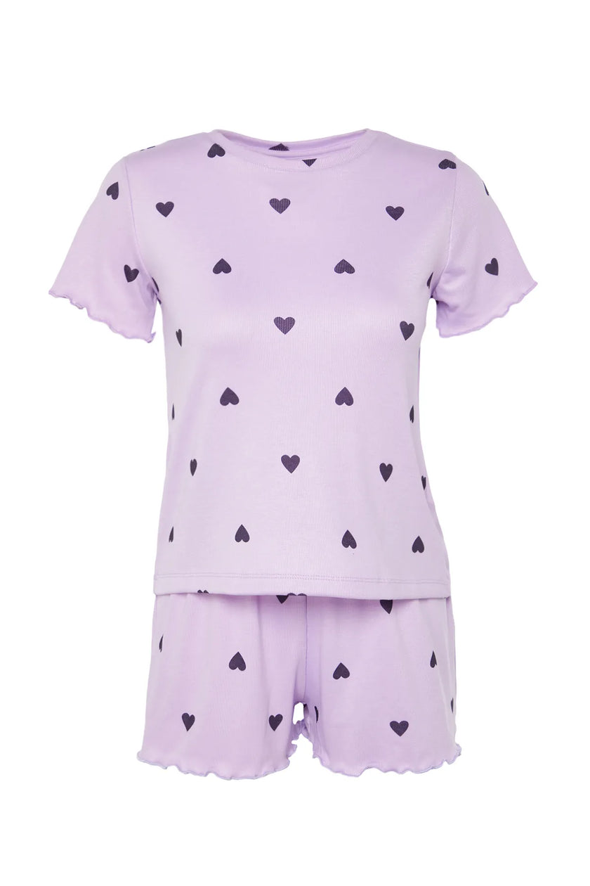 Lilac Heart Slogan Printed Elastic Detailed Ribbed Shorts Knitted Pajama Set
