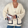 كارديجان شتوي صوف تريكو اوفر سايز وجيوب ملونة - Oversize Beige Knitted Cardigan Button Detailed Pockets Color