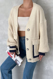 4- كارديجان شتوي صوف تريكو اوفر سايز وجيوب ملونة - Oversize Beige Knitted Cardigan Button Detailed Pockets Color