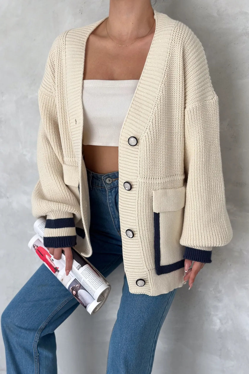4- كارديجان شتوي صوف تريكو اوفر سايز وجيوب ملونة - Oversize Beige Knitted Cardigan Button Detailed Pockets Color