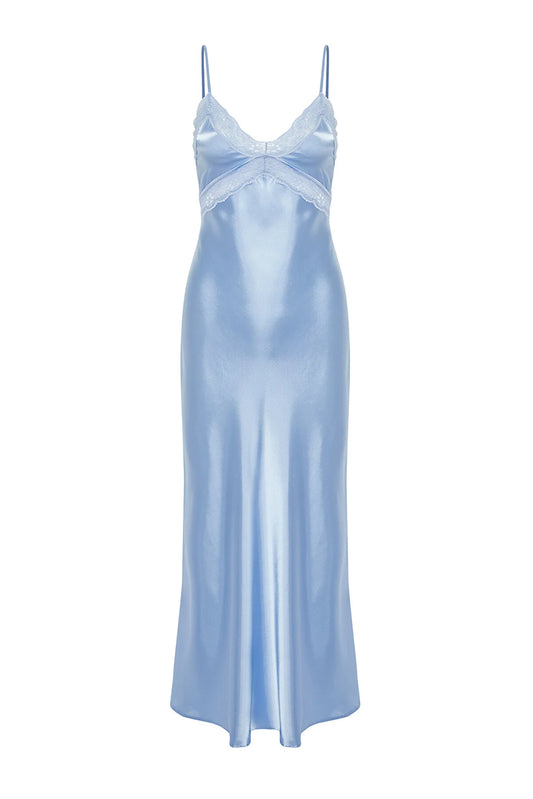 Light Blue Lace Detailed Satin Woven Nightgown