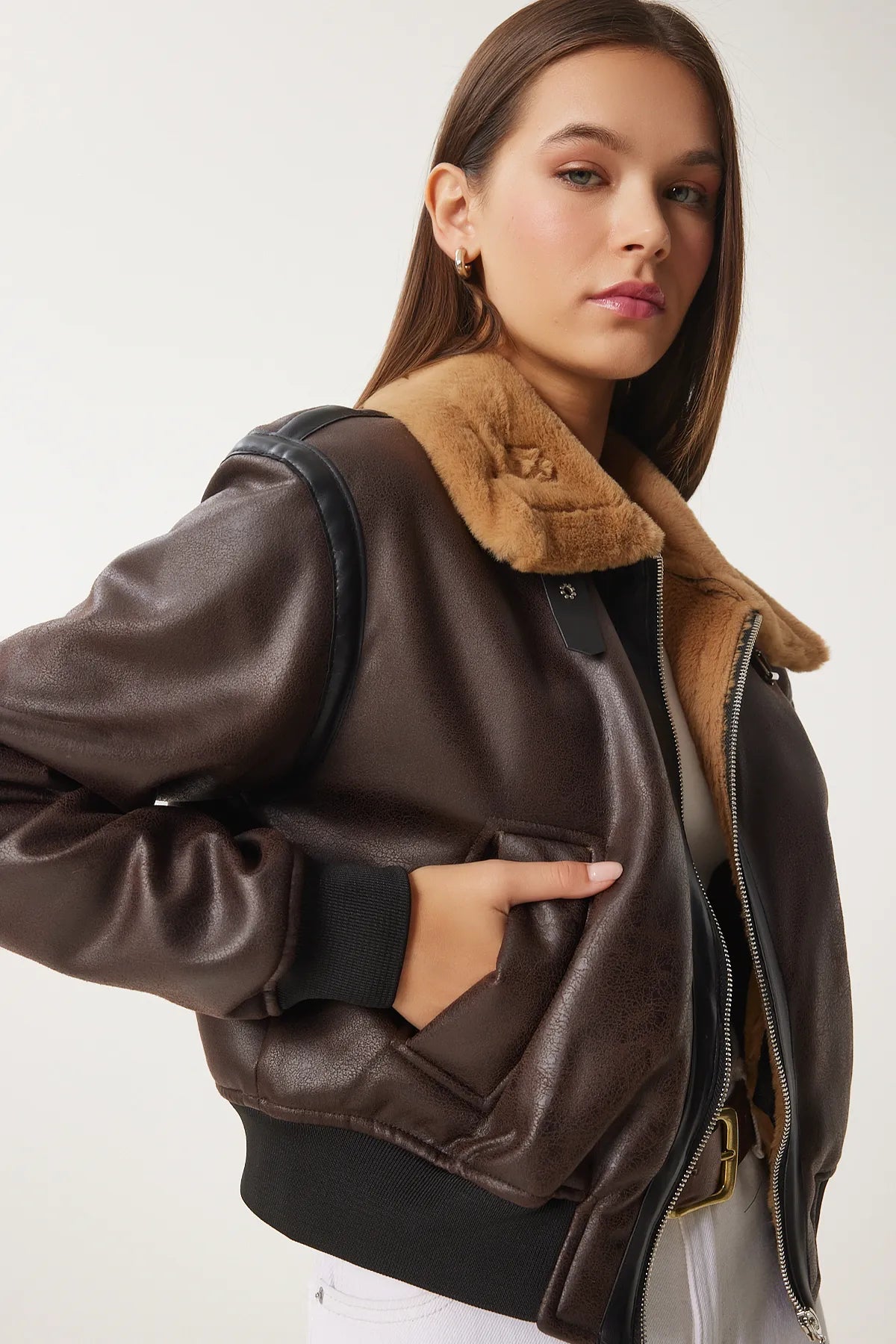 Brown Faux Leather Bomber Jacket