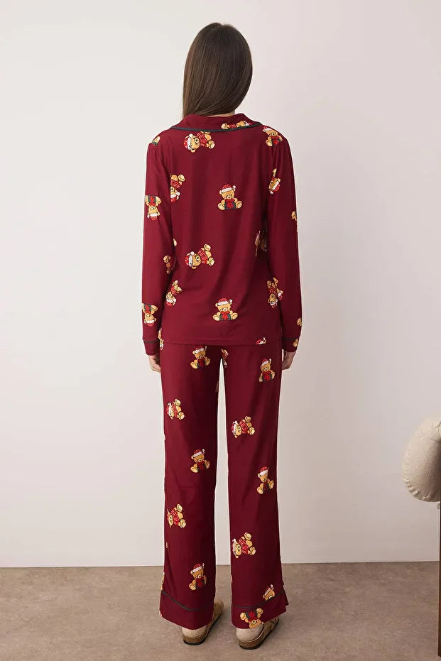 Burgundy Teddy Bear Christmas-Themed Knitted Pajama Set with Piping