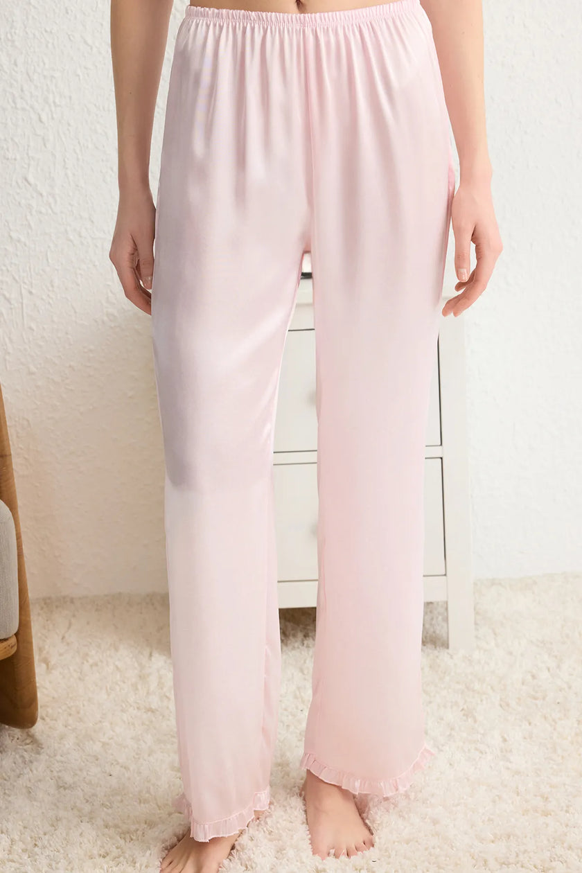 Pink Ruffled Rope Strap Satin Woven Pajama Set
