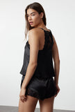 Black Lace Rope Strap Satin Shorts Woven Pajama Set