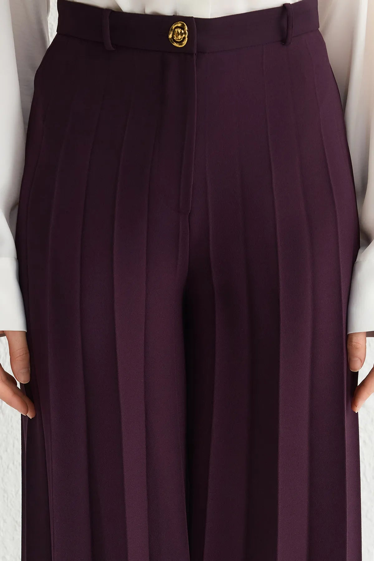 Plum Woven Wide Leg Pleated Detailed Fabric Trouser Skirt