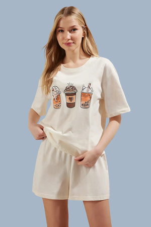 Coffee Printed Shorts Knitted Pajama Set