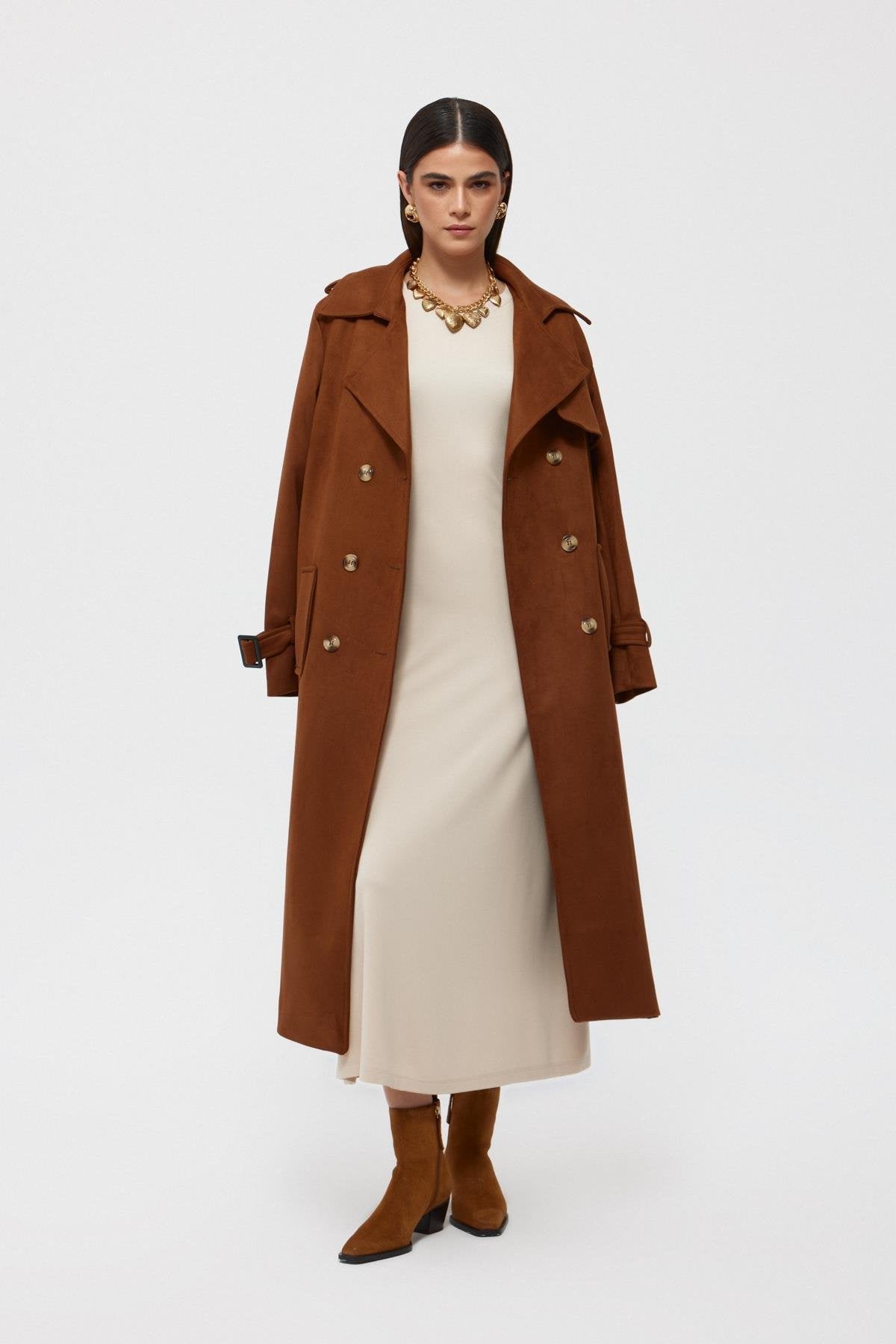 Taba Suede Belted Buttoned Long Coat - Lebbse