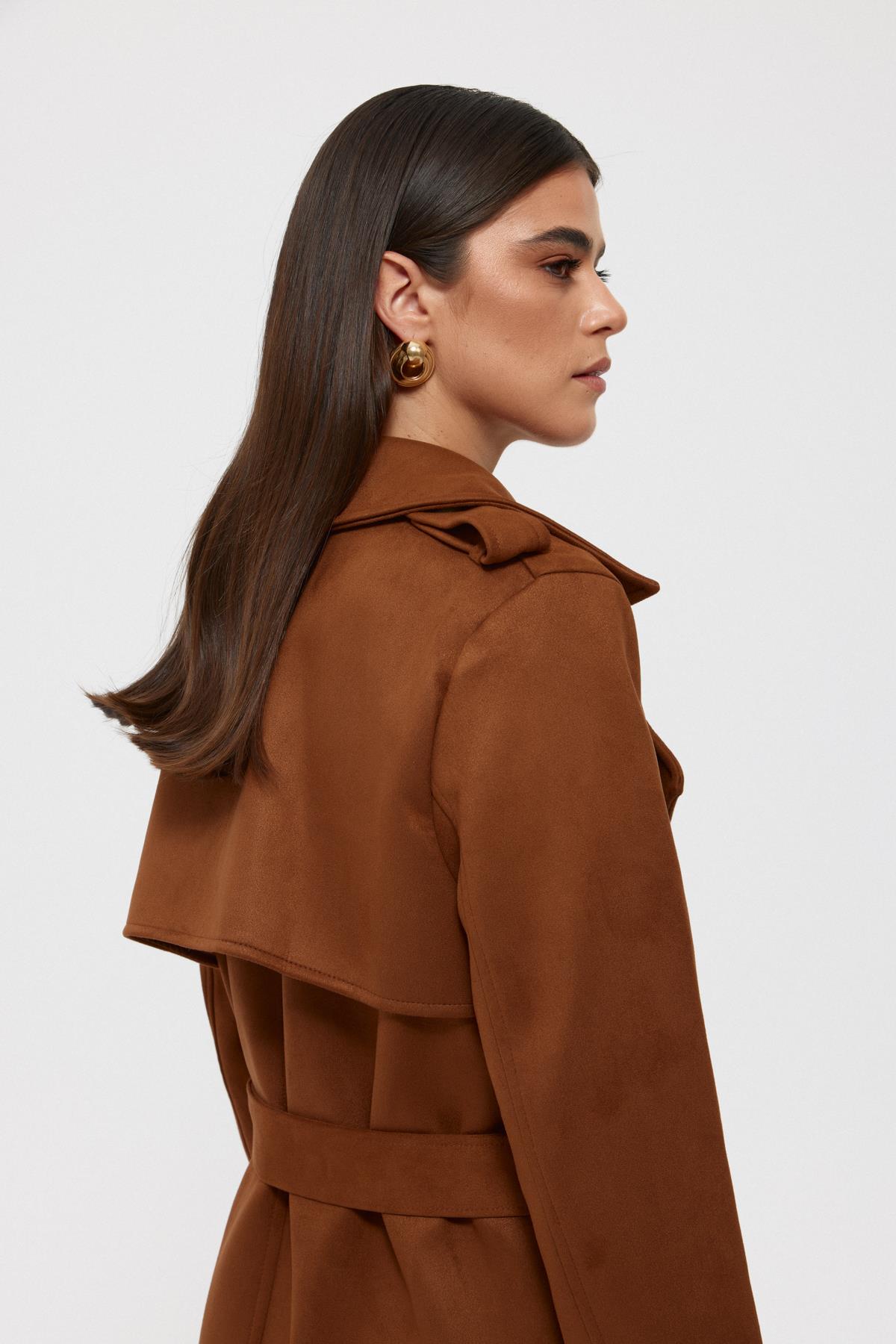 Taba Suede Belted Buttoned Long Coat - Lebbse