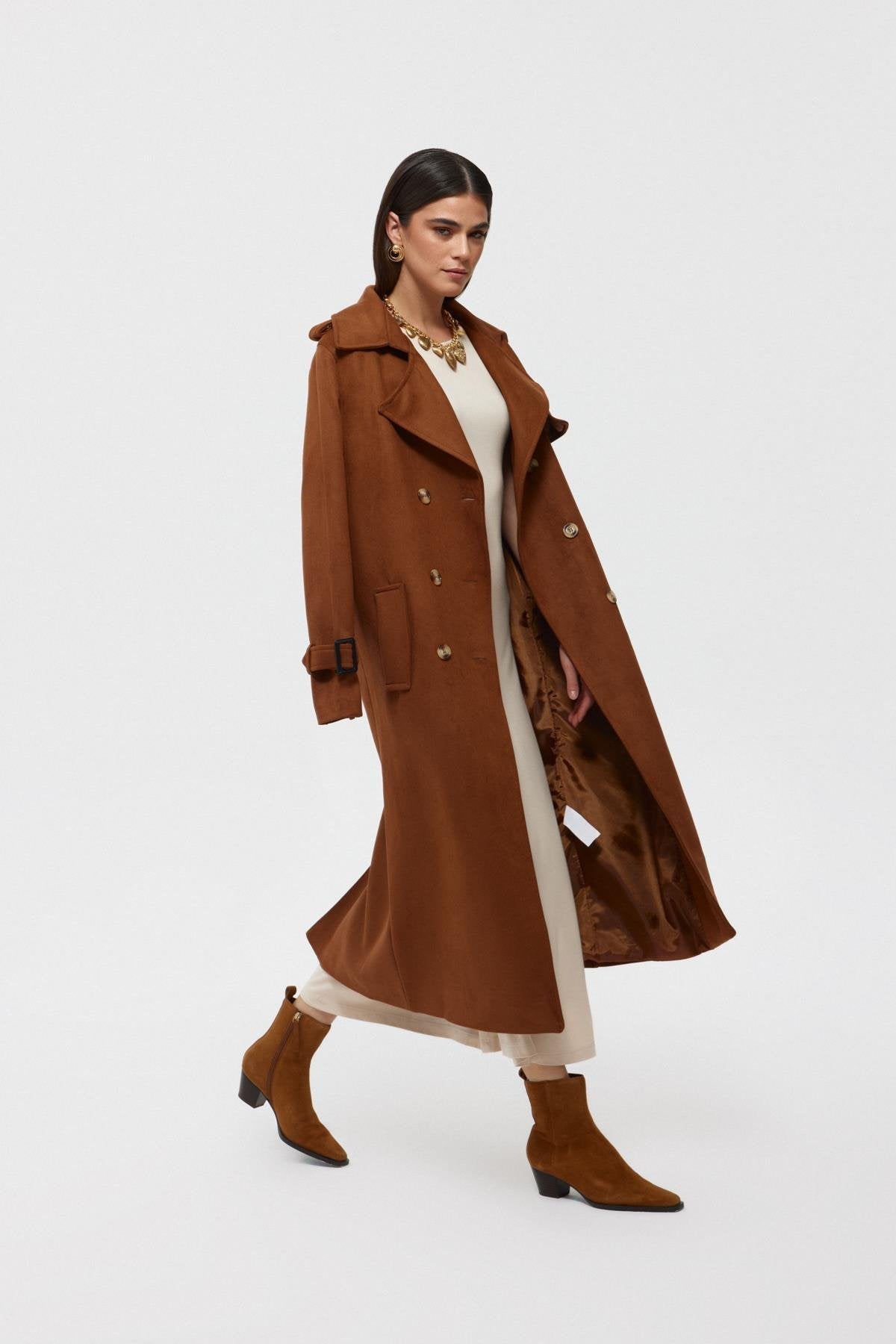 Taba Suede Belted Buttoned Long Coat - Lebbse