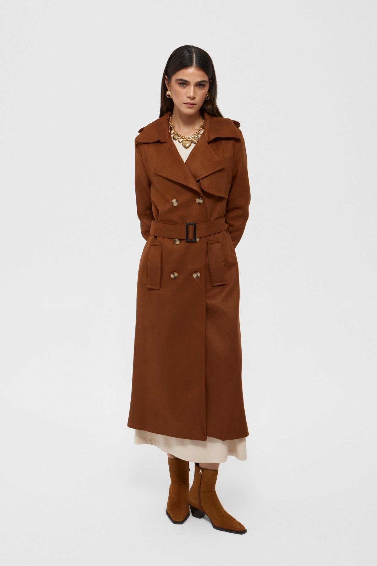 Taba Suede Belted Buttoned Long Coat - Lebbse