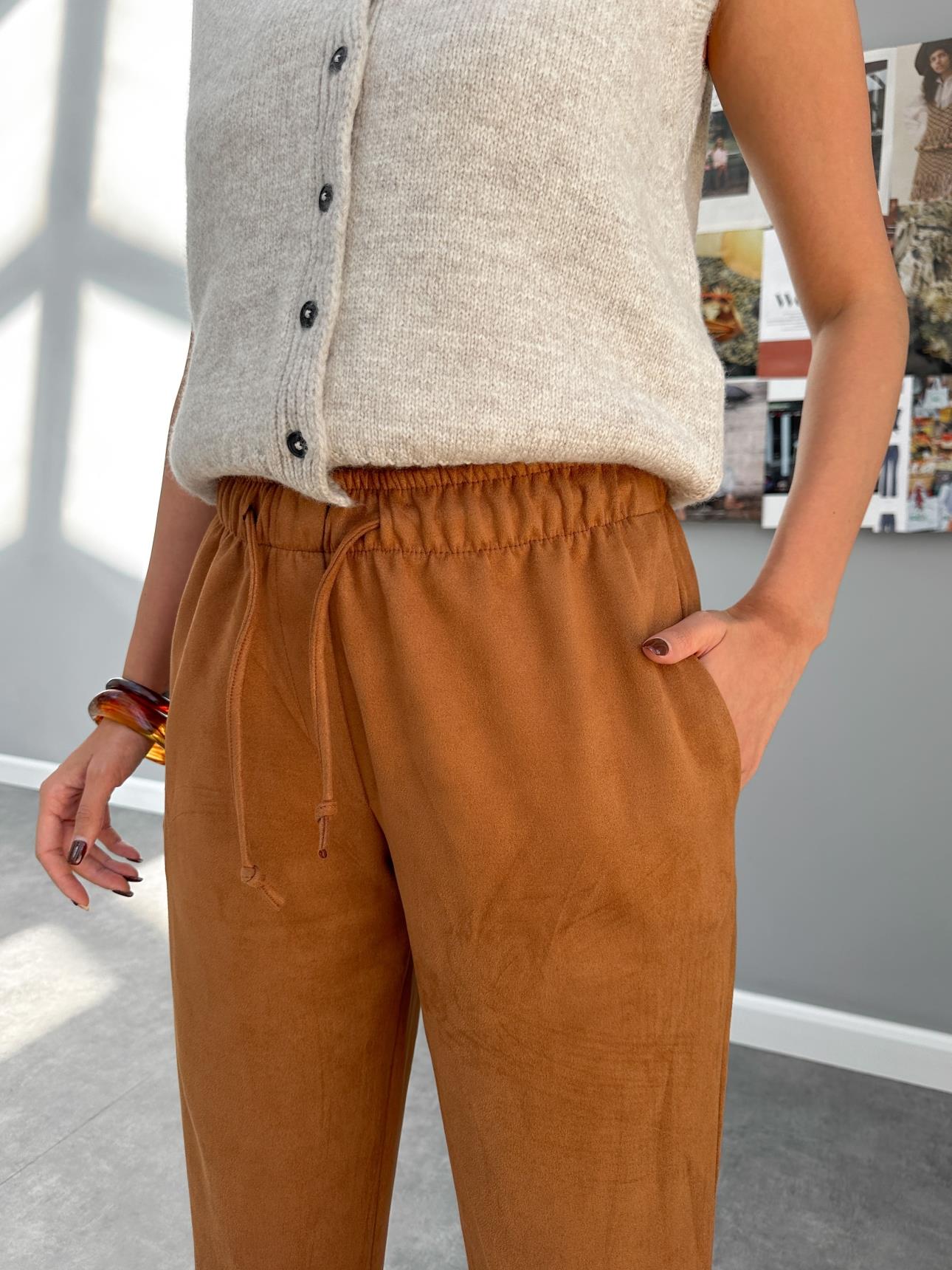 Tan Elastic Waist Suede Trousers - Lebbse