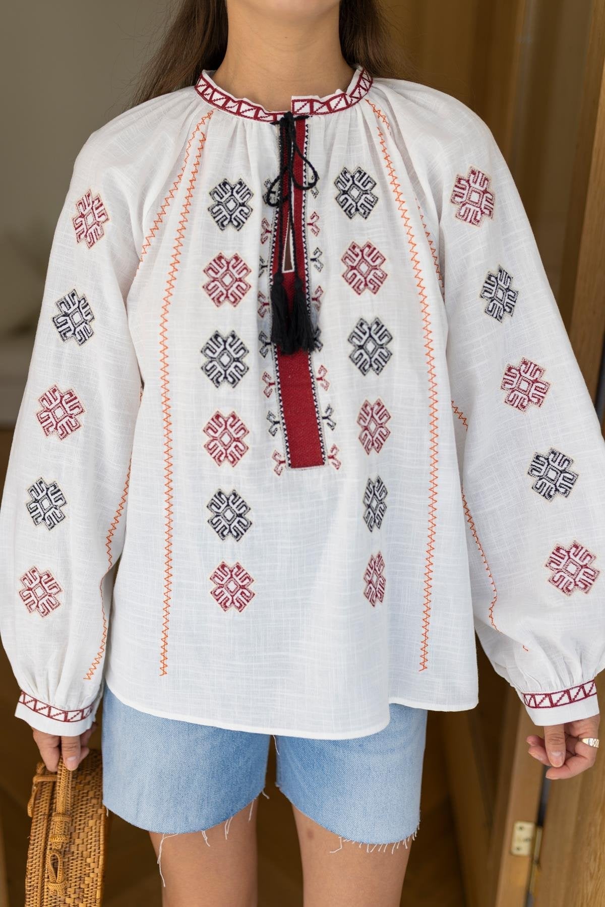 Tassel Detailed High Collar Embroidered Blouse - Lebbse