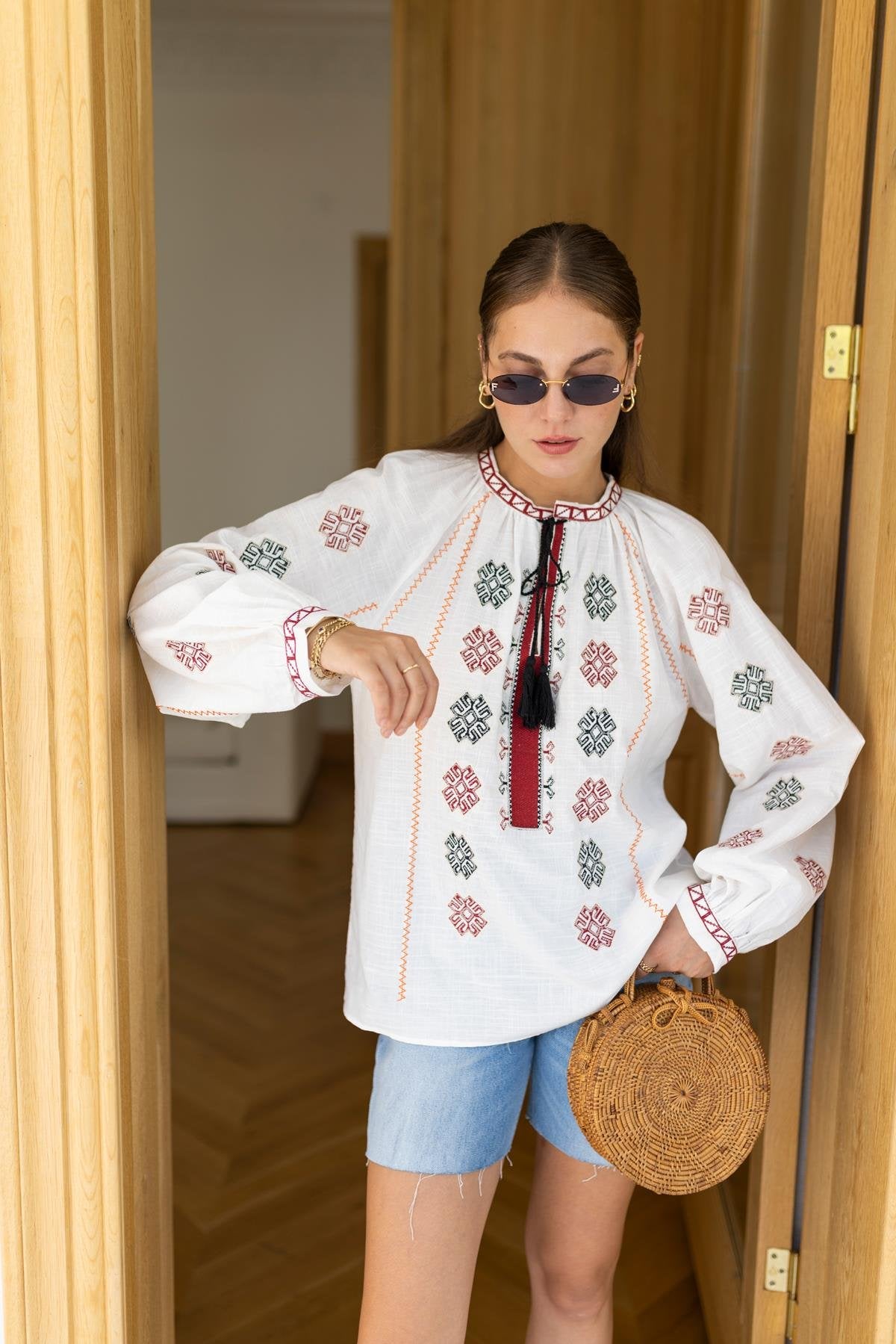 Tassel Detailed High Collar Embroidered Blouse - Lebbse