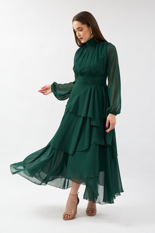 Throat and Waist Detailed Dress Emerald - Lebbse