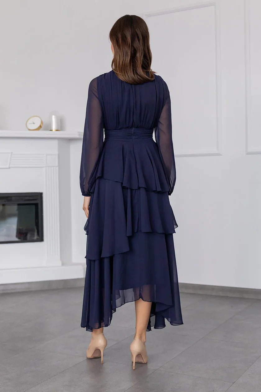 Throat and Waist Detailed Dress Navy Blue - Lebbse