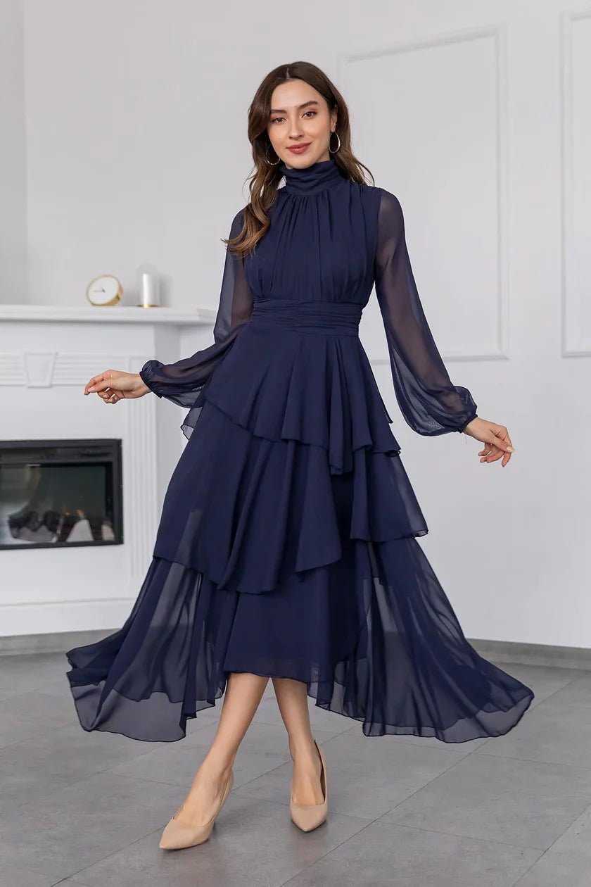 Throat and Waist Detailed Dress Navy Blue - Lebbse