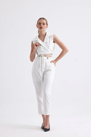 بنطلون بدلة حريمي مع سترة برباطات لون أبيض - Tied Vest Suit White
