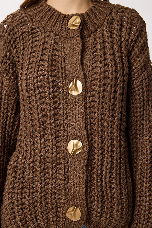 Gold Button-Down Knit Cardigan - BROWN