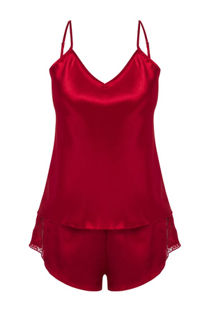 Burgundy Lace Detailed Rope Strap Satin Shorts Woven Pajama Set