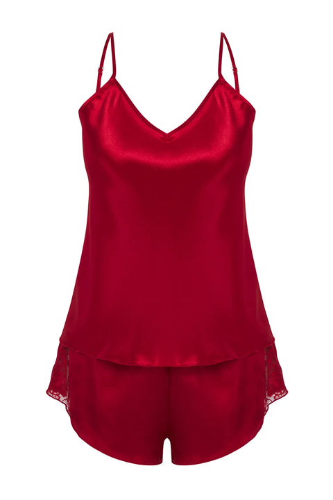 Burgundy Lace Detailed Rope Strap Satin Shorts Woven Pajama Set