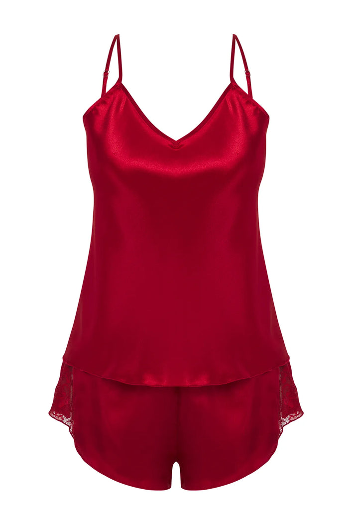 Burgundy Lace Detailed Rope Strap Satin Shorts Woven Pajama Set