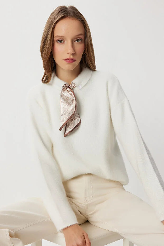 Bearded Knit Sweater with Scarf Detail