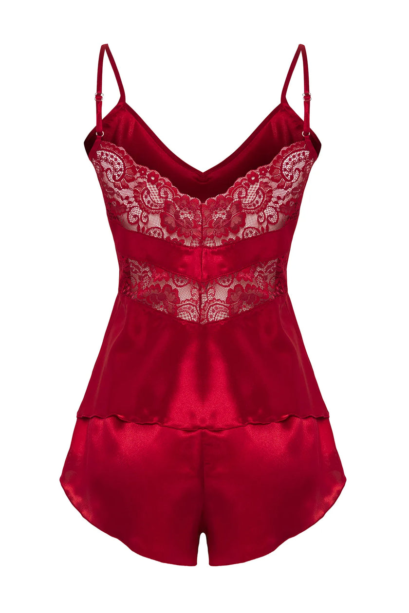 Burgundy Lace Detailed Rope Strap Satin Shorts Woven Pajama Set