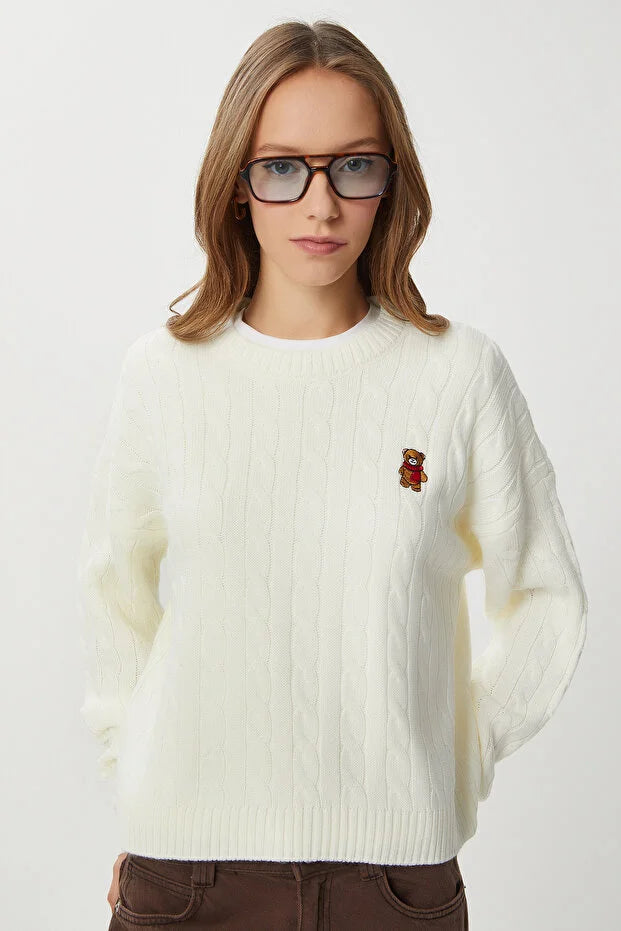 Teddy Bear Embroidered Cable-Knit Sweater