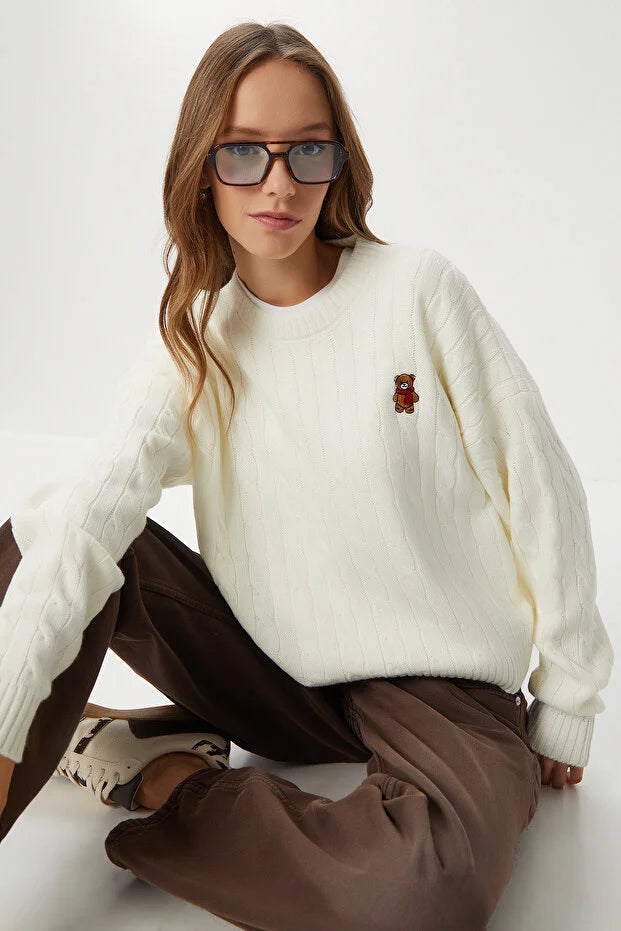 Teddy Bear Embroidered Cable-Knit Sweater