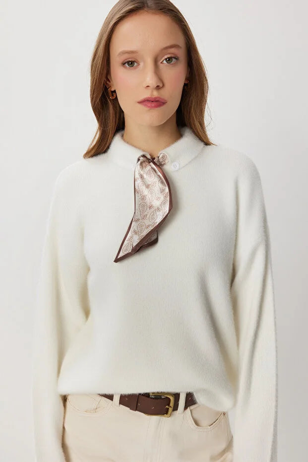 Bearded Knit Sweater with Scarf Detail