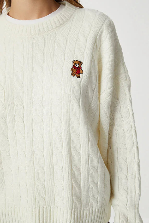 Teddy Bear Embroidered Cable-Knit Sweater