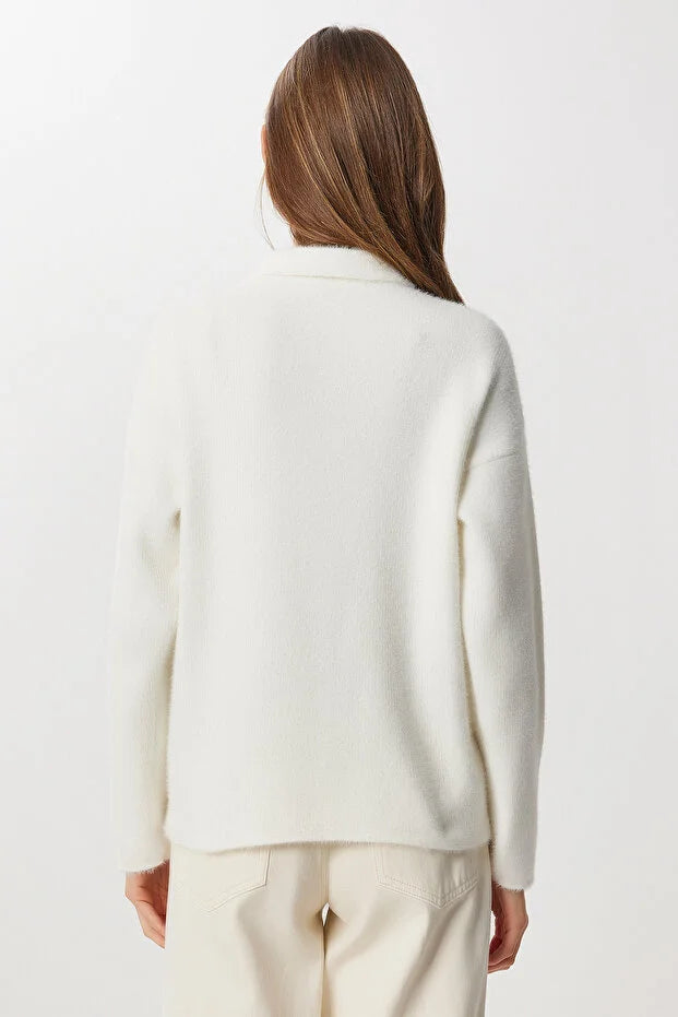 Bearded Knit Sweater with Scarf Detail