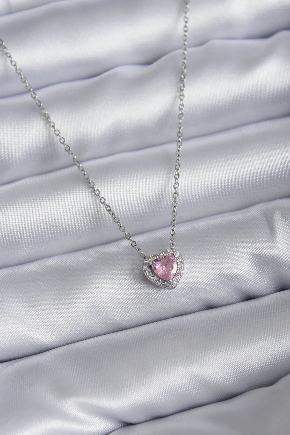 Steel Chain Silver Color Pink Zircon Stone Charm Women's Necklace