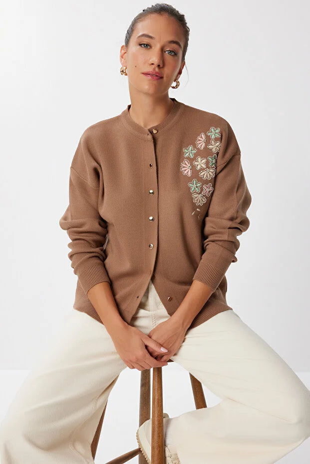 Embroidered Beaded Knit Cardigan - BROWN