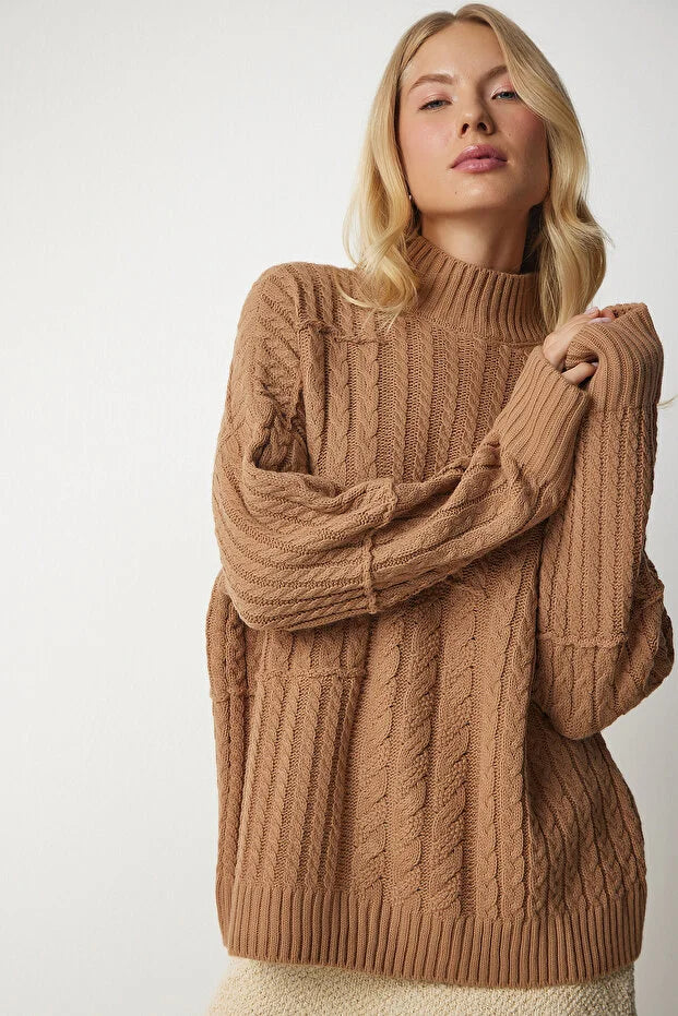 Knitted Motif Stand Collar Sweater BISCUIT