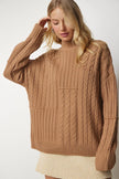 Knitted Motif Stand Collar Sweater BISCUIT