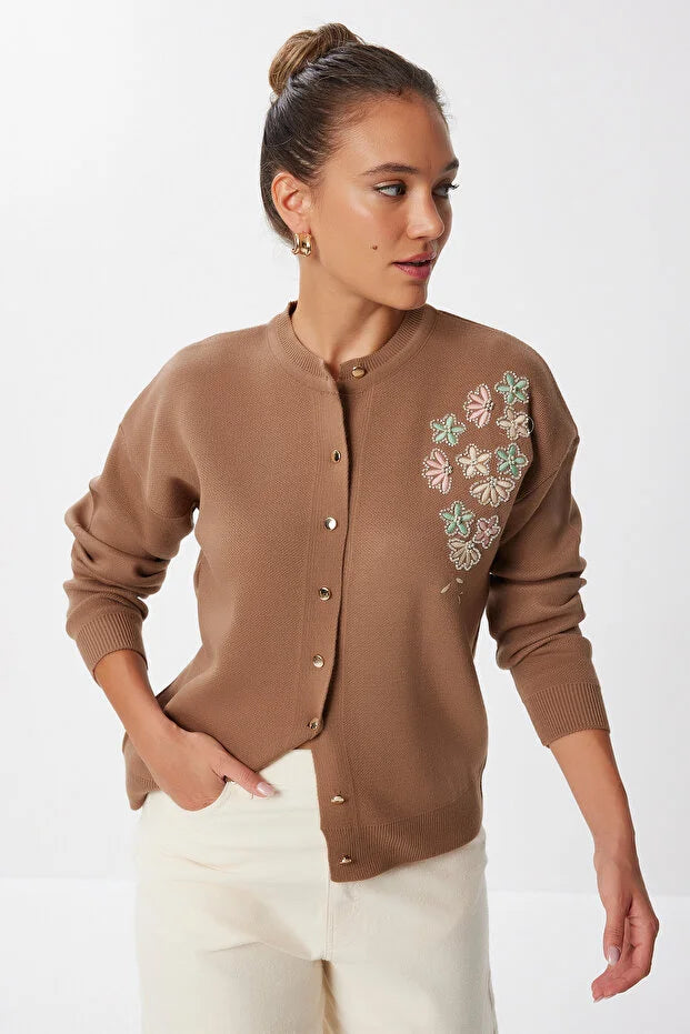 Embroidered Beaded Knit Cardigan - BROWN