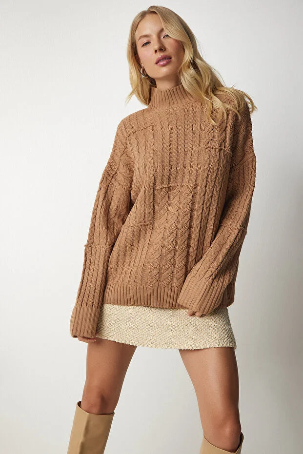 Knitted Motif Stand Collar Sweater BISCUIT