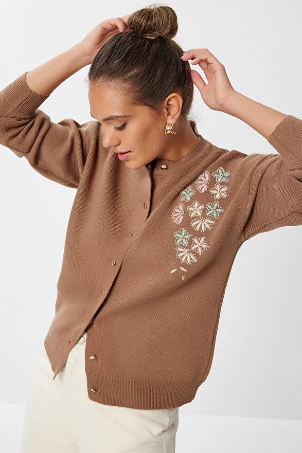 Embroidered Beaded Knit Cardigan - BROWN