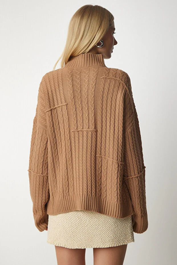 Knitted Motif Stand Collar Sweater BISCUIT