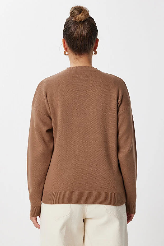 Embroidered Beaded Knit Cardigan - BROWN