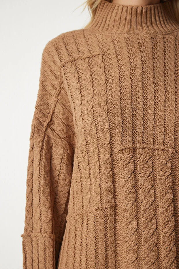 Knitted Motif Stand Collar Sweater BISCUIT