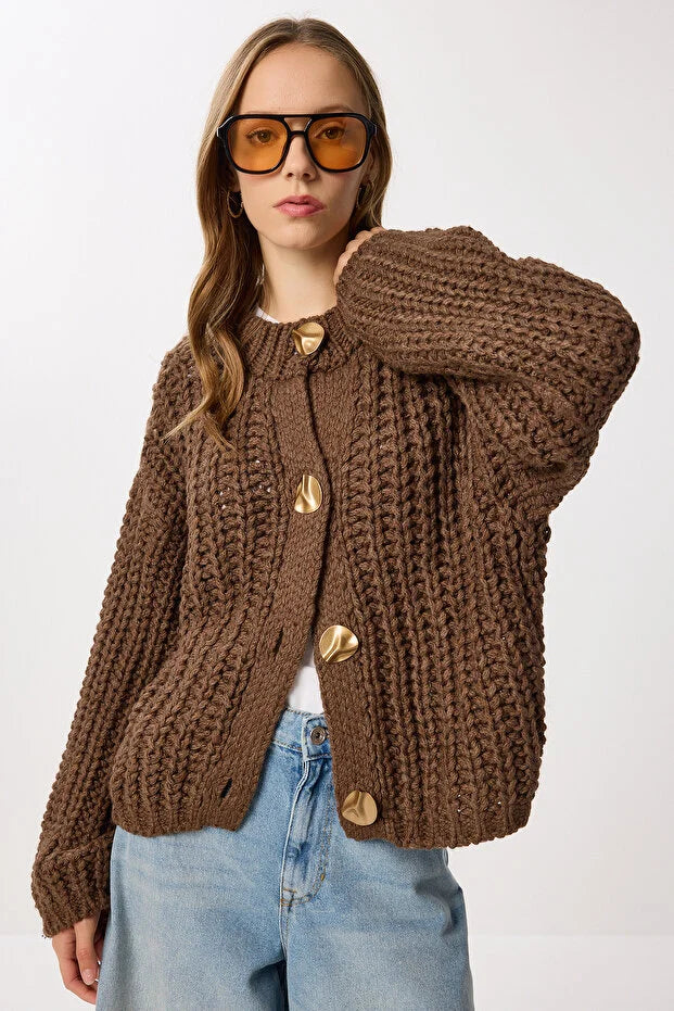 Gold Button-Down Knit Cardigan - BROWN
