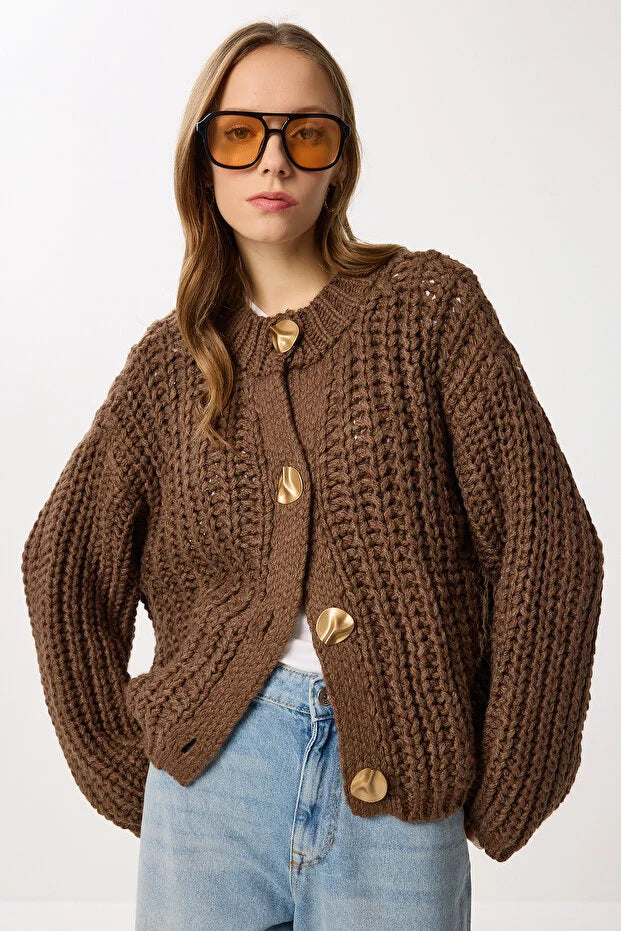 Gold Button-Down Knit Cardigan - BROWN