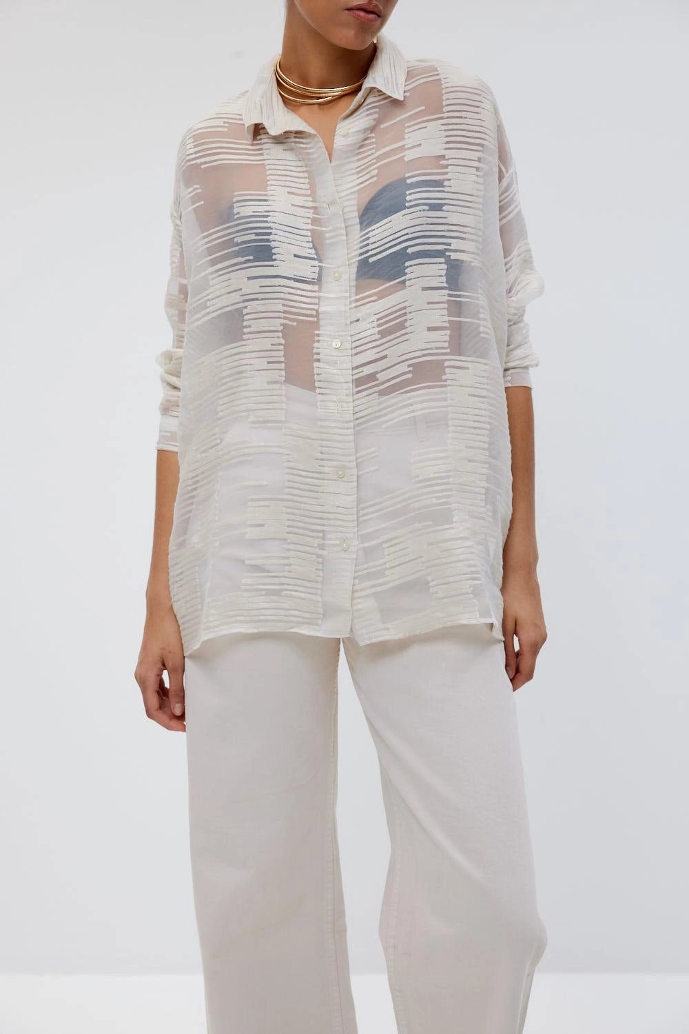 4- قميص نسائي شفاف باللون البيج - Transparent Beige Women's Shirt