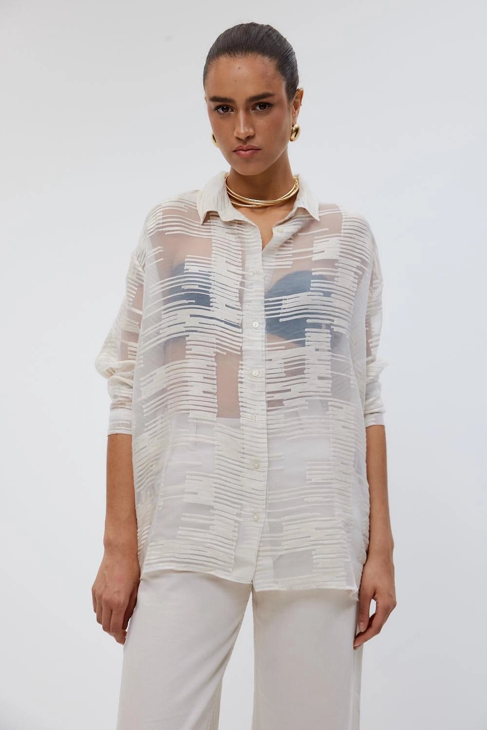 قميص نسائي شفاف باللون البيج - Transparent Beige Women's Shirt