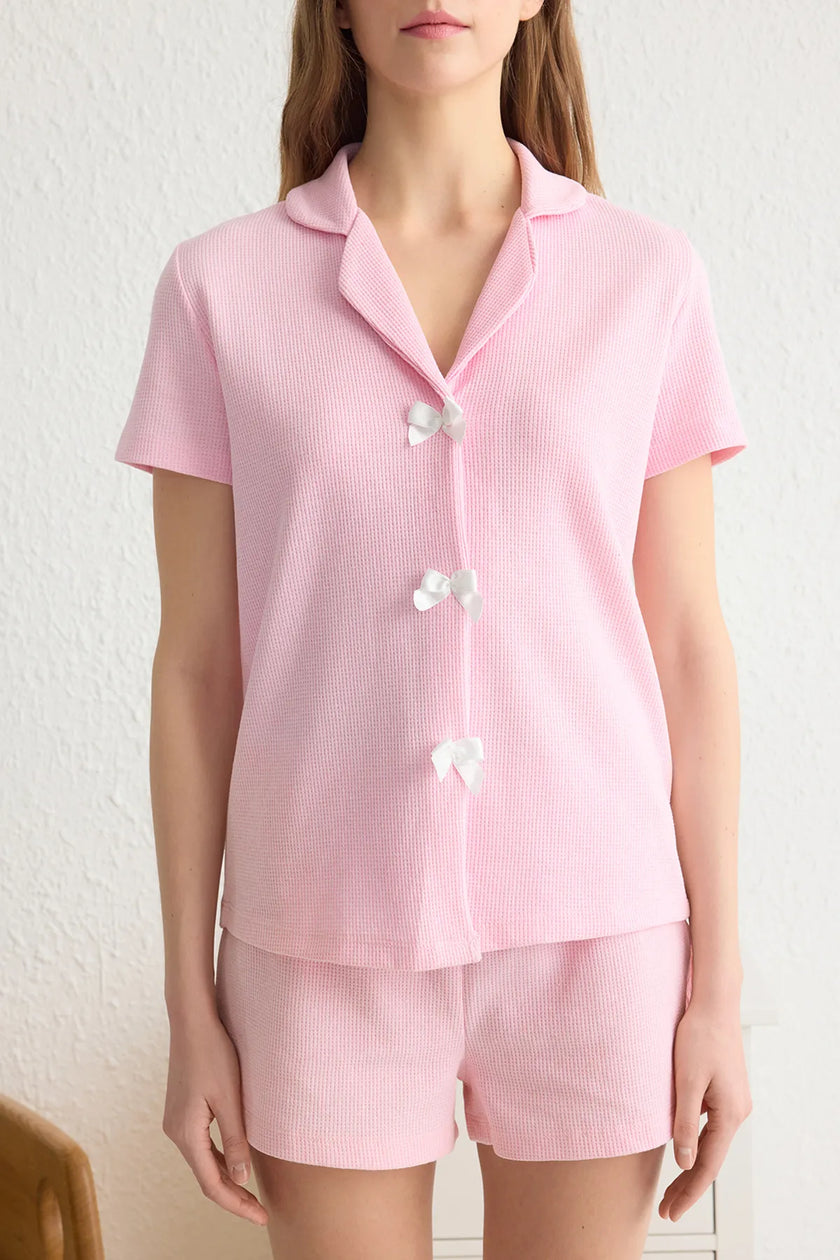 Pink Ribbon/Bow Detailed Waffle Fabric Shorts Knitted Pajama Set